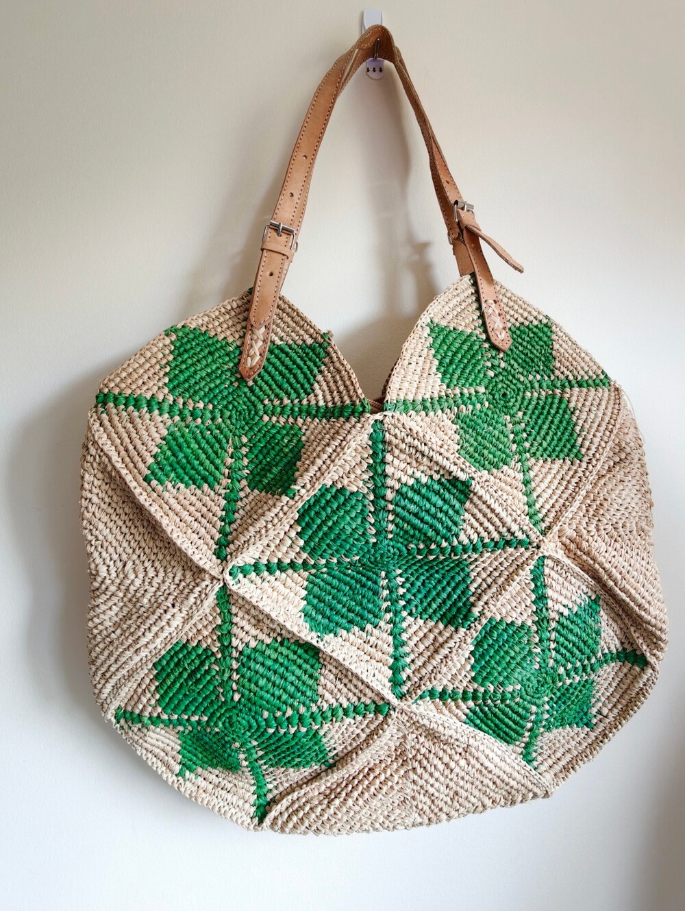 Handwoven Raffia Straw Tote Bag with Green Geometric Pattern